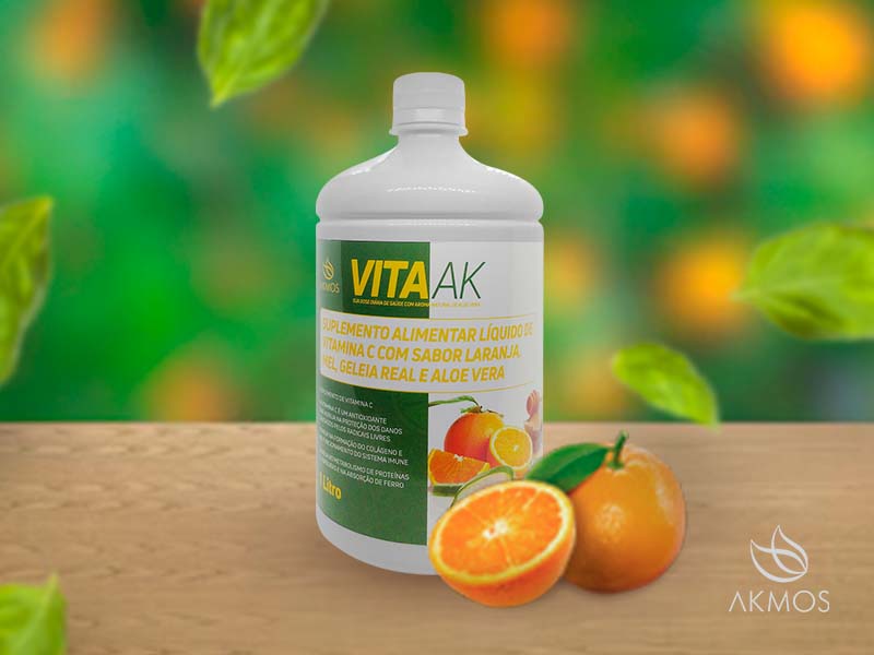 Suplemento alimentar Vita AK sabor laranja, mel, geleia real e aloe vera.